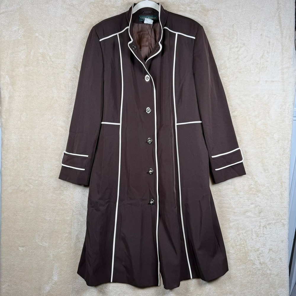 Harve Benard Womens 12 Dark Academia Classy Brown White Trim‎ Knee Length Coat
